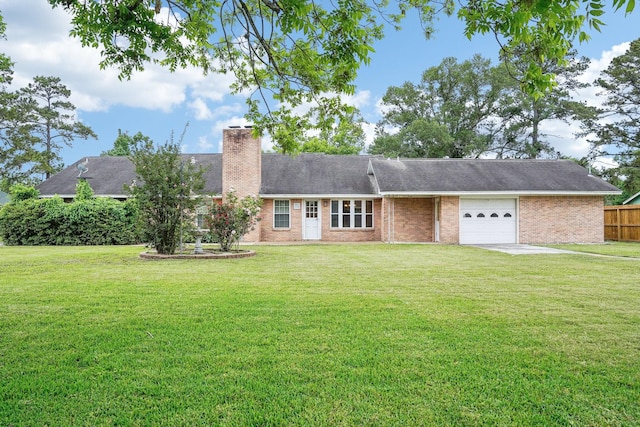 ranch-style home with a front yard, a chimney, fence, and a garage
