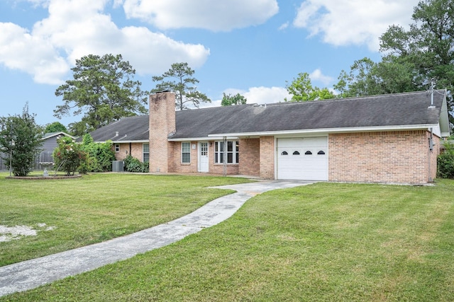 ranch-style house featuring a chimney, brick siding, an attached garage, concrete driveway, and a front lawn