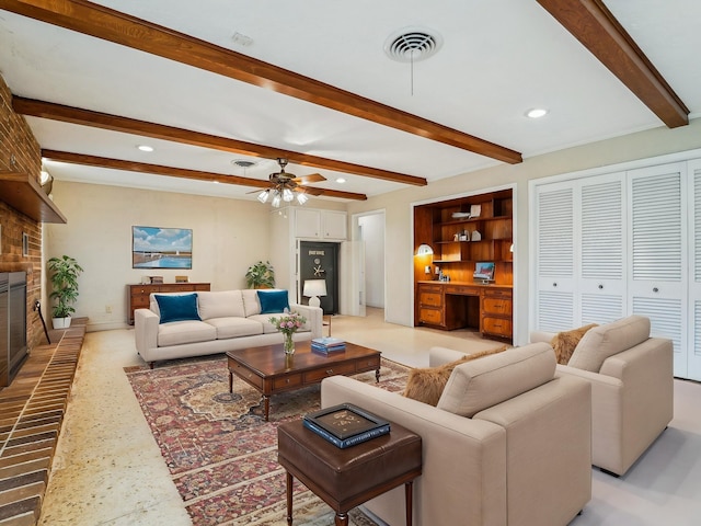106 Faith St, Highlands, TX 77562 - living room with beamed ceiling, recessed lighting, a fireplace, a ceiling fan, and baseboards