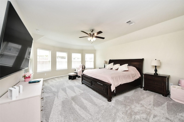 bedroom featuring carpet, ceiling fan, and baseboards