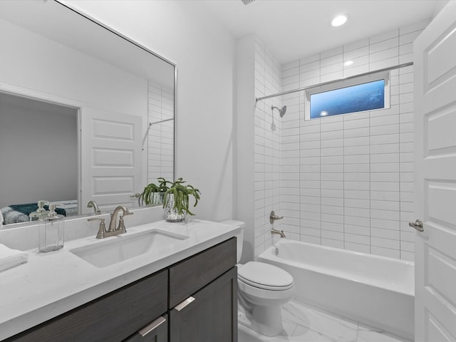 full bath with vanity, toilet, marble finish floor, shower / bathtub combination, and recessed lighting