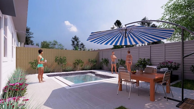 view of swimming pool featuring a hot tub, a patio, a fenced backyard, and outdoor dining space