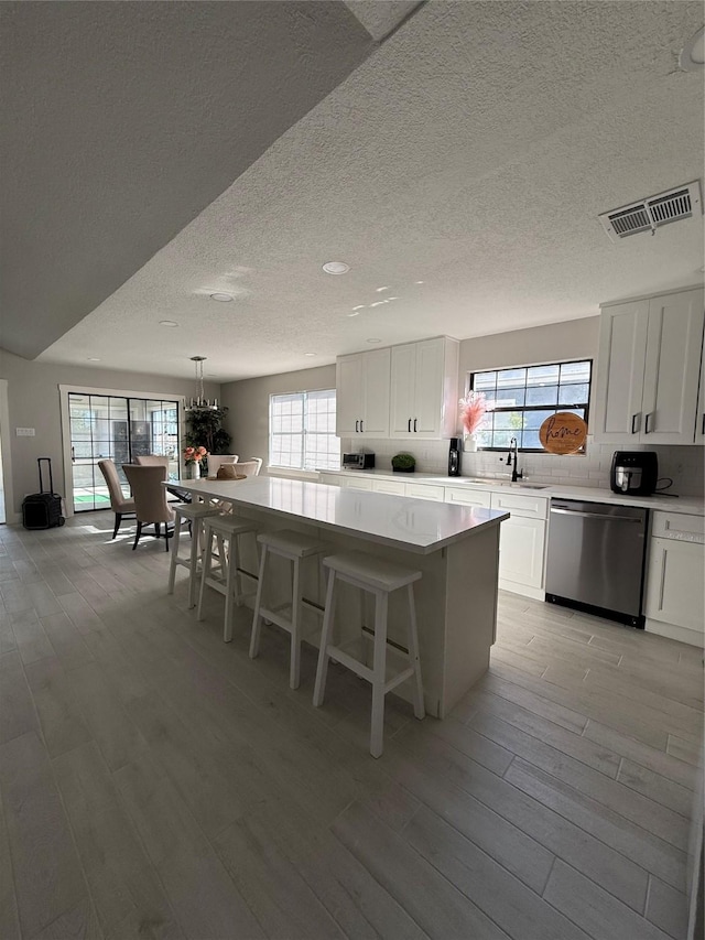 175 Heather Ln, Livingston, TX 77351 - kitchen featuring a textured ceiling, a wealth of natural light, visible vents, and stainless steel dishwasher
