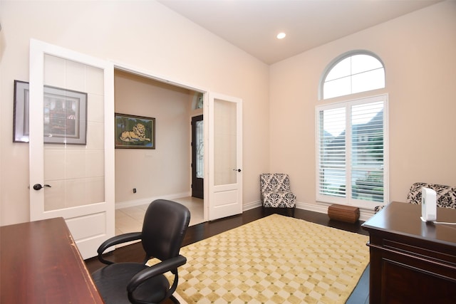 office area with baseboards, french doors, and recessed lighting