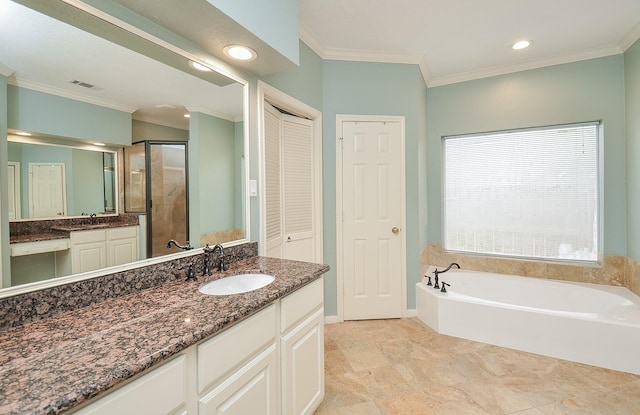 full bath featuring a closet, ornamental molding, a bath, and a stall shower