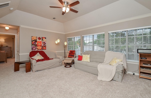 carpeted living area with visible vents, a ceiling fan, baseboards, and lofted ceiling