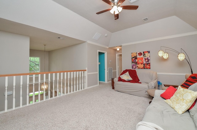 living room with carpet floors, ceiling fan, visible vents, and lofted ceiling