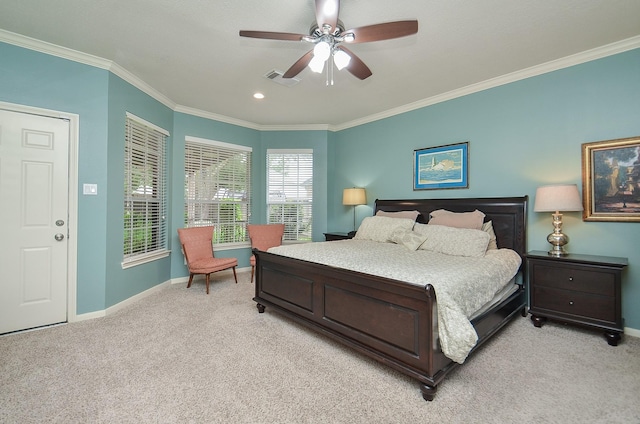 bedroom featuring crown molding, baseboards, light carpet, and visible vents