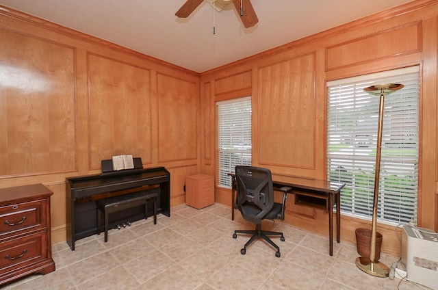 office area with a ceiling fan