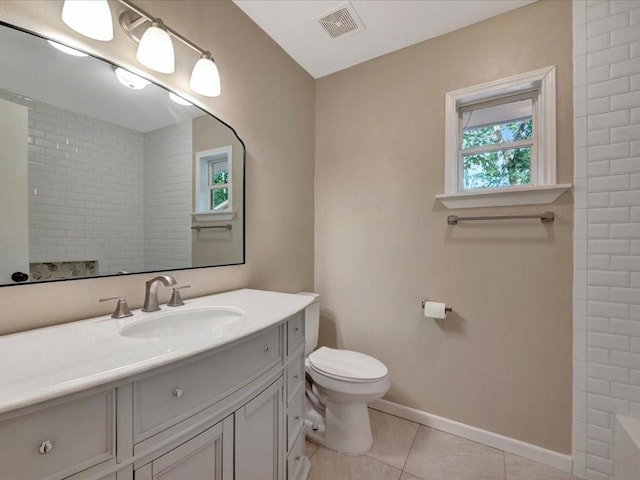 bathroom with tile patterned flooring, vanity, toilet, baseboards, and visible vents