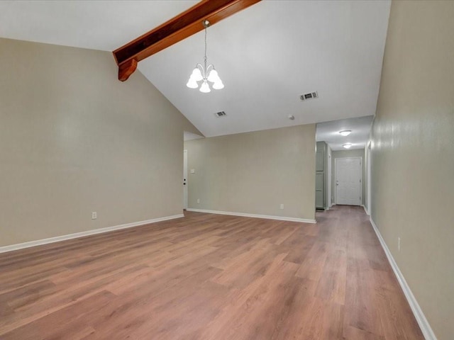 unfurnished living room with a notable chandelier, visible vents, beam ceiling, and light wood-type flooring