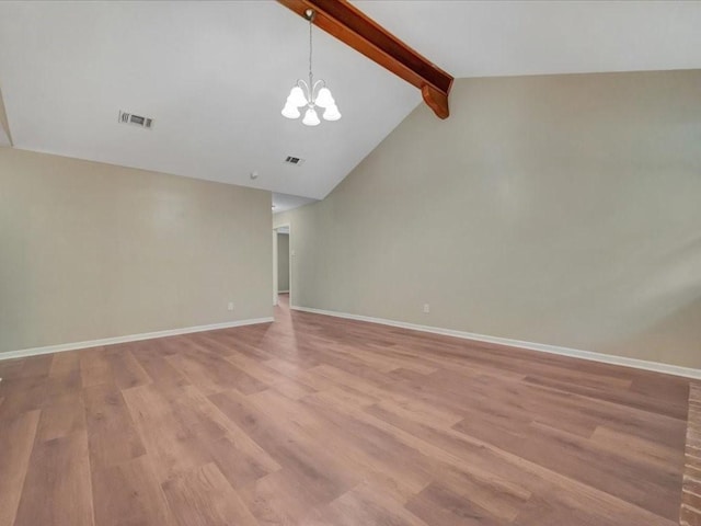 interior space with visible vents, baseboards, lofted ceiling with beams, light wood-style flooring, and a notable chandelier