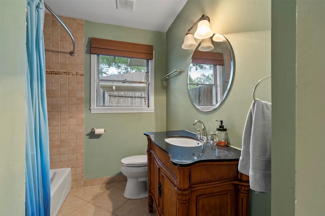 4811 Saxon St, Bellaire, TX 77401 - bathroom featuring visible vents, shower / tub combo with curtain, vanity, toilet, and tile patterned floors