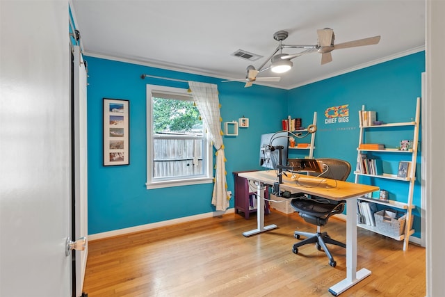 4811 Saxon St, Bellaire, TX 77401 - office space featuring crown molding, a ceiling fan, baseboards, and wood finished floors