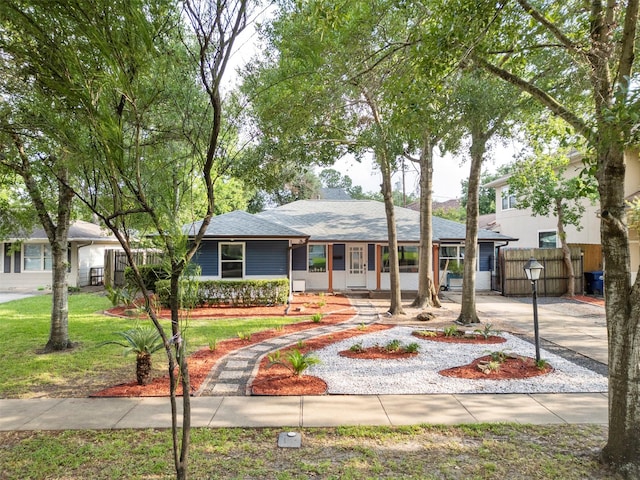 4811 Saxon St, Bellaire, TX 77401 - ranch-style house with fence, covered porch, a front yard, roof with shingles, and driveway