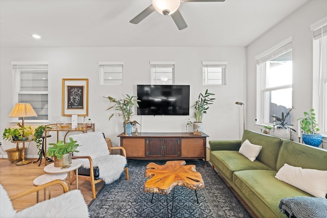 living room with recessed lighting, ceiling fan, and wood finished floors
