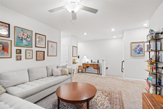 living room with recessed lighting, carpet flooring, and ceiling fan