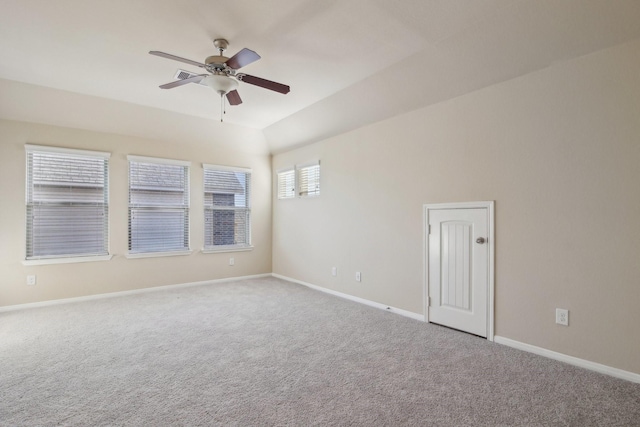 4310 Treccia Ct, Katy, TX 77493 - empty room featuring a ceiling fan, carpet, baseboards, and vaulted ceiling