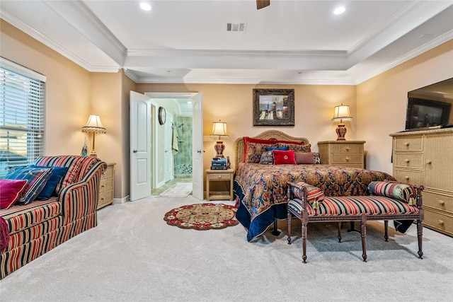 carpeted bedroom featuring visible vents, recessed lighting, a raised ceiling, and crown molding