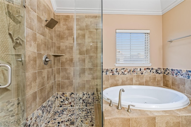 full bath with a whirlpool tub, ornamental molding, and a shower stall
