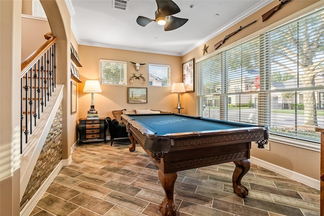 rec room with a ceiling fan, pool table, baseboards, visible vents, and ornamental molding