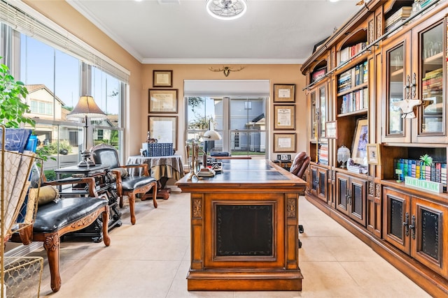 home office featuring light tile patterned floors and crown molding