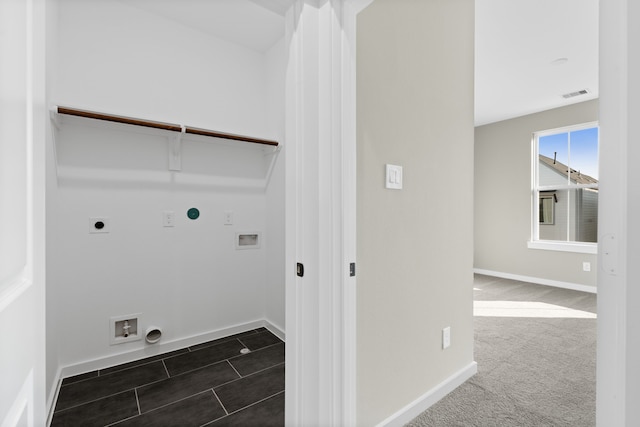 washroom with electric dryer hookup, laundry area, gas dryer hookup, visible vents, and baseboards