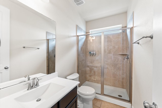 bathroom with tile patterned flooring, vanity, toilet, a shower stall, and visible vents