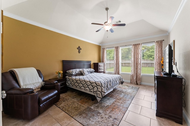 bedroom featuring visible vents, baseboards, light tile patterned floors, vaulted ceiling, and ornamental molding