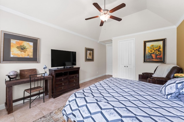 bedroom featuring baseboards, vaulted ceiling, light tile patterned floors, and a closet