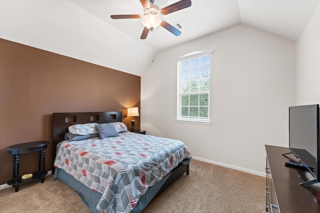 bedroom featuring carpet floors, baseboards, vaulted ceiling, and visible vents
