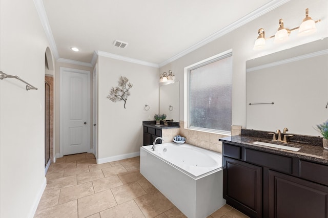 bathroom featuring two vanities, visible vents, ornamental molding, and a sink