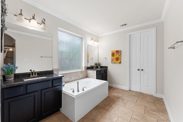 full bathroom featuring crown molding, a sink, two vanities, visible vents, and a garden tub