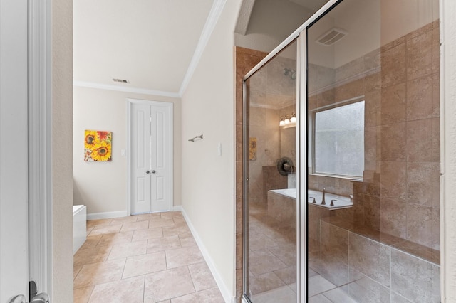 bathroom with tile patterned flooring, ornamental molding, visible vents, a bathing tub, and a shower stall