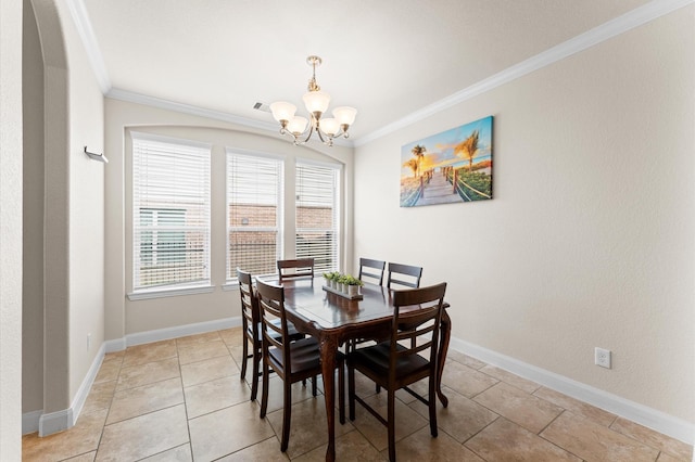 dining room with crown molding, light tile patterned floors, a chandelier, and visible vents