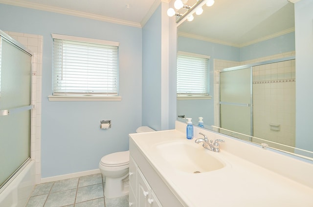 full bath featuring toilet, ornamental molding, vanity, baseboards, and tile patterned flooring
