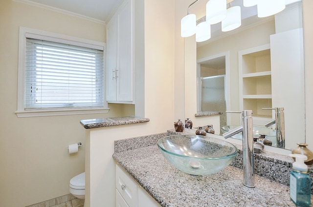 1915 Ashford Hollow Ln, Houston, TX 77077 - full bathroom featuring ornamental molding, vanity, and a shower with shower door