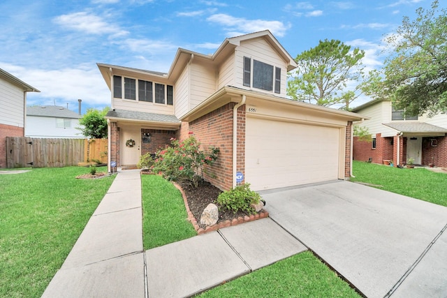 traditional home with fence, a front lawn, brick siding, a garage, and concrete driveway