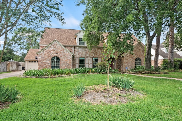 tudor house featuring brick siding, a front lawn, fence, and driveway