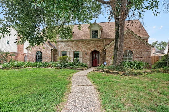 english style home with brick siding, a shingled roof, and a front yard