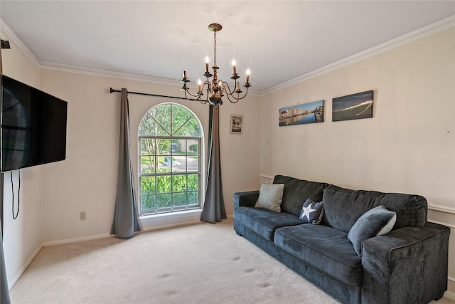 living area featuring crown molding, baseboards, light carpet, and a notable chandelier