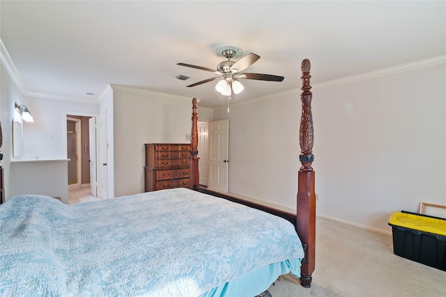 bedroom with crown molding, a ceiling fan, carpet floors, and visible vents
