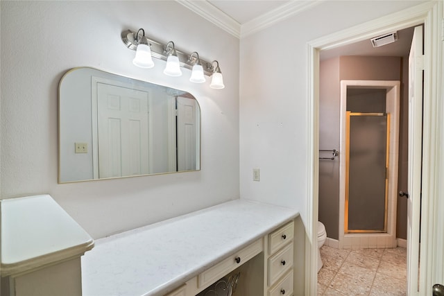 full bath featuring toilet, a shower stall, ornamental molding, and vanity
