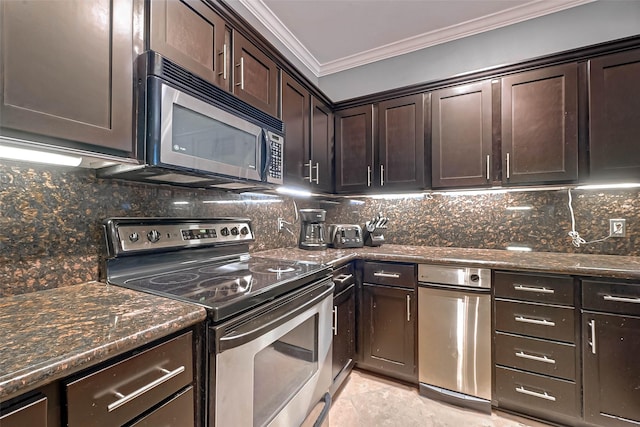 2111 Welch St Unit B117, Houston, TX 77019 - kitchen featuring ornamental molding, dark stone counters, appliances with stainless steel finishes, and dark brown cabinets