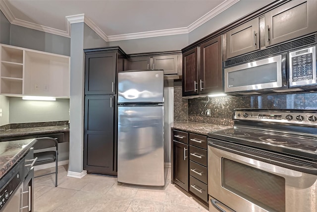 2111 Welch St Unit B117, Houston, TX 77019 - kitchen featuring tasteful backsplash, dark brown cabinets, dark stone counters, ornamental molding, and stainless steel appliances