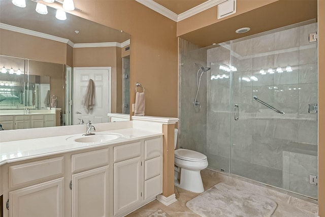 2111 Welch St Unit B117, Houston, TX 77019 - full bath featuring crown molding, vanity, toilet, tile patterned floors, and a shower stall