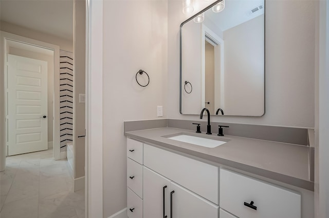 bathroom with vanity, visible vents, marble finish floor, baseboards, and shower / tub combo