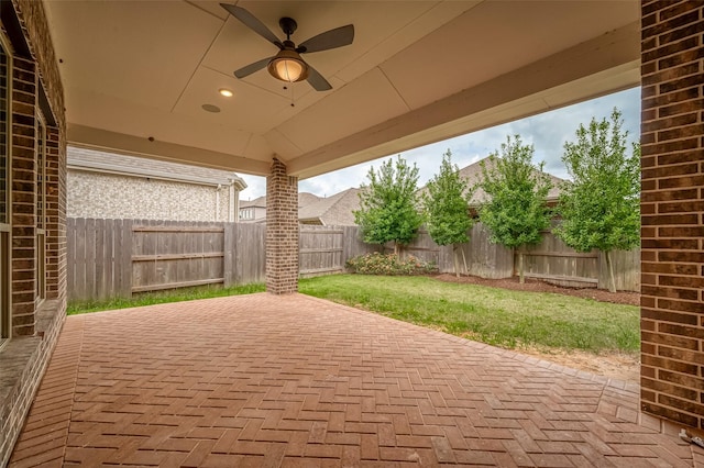 view of patio / terrace featuring a fenced backyard and ceiling fan