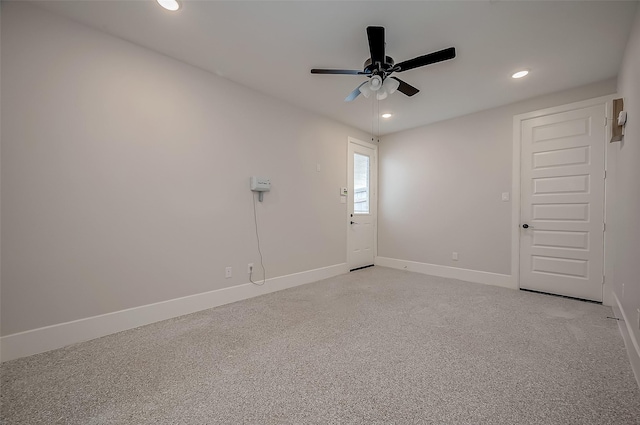 unfurnished room featuring recessed lighting, baseboards, and ceiling fan