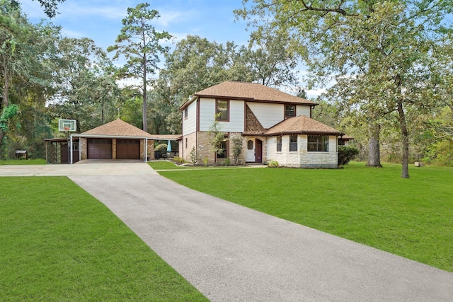 302 Tall Pines Dr, Magnolia, TX 77354 - view of front of home featuring stone siding, an outdoor structure, and a front yard